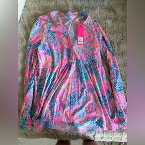 Lilly Pulitzer pink and blue floral print shirt with V-neck and long sleeves